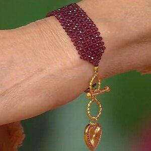 Rarities Carol Brodie  Woven Rhodolite Bead Heart Drop Toggle Bracelet